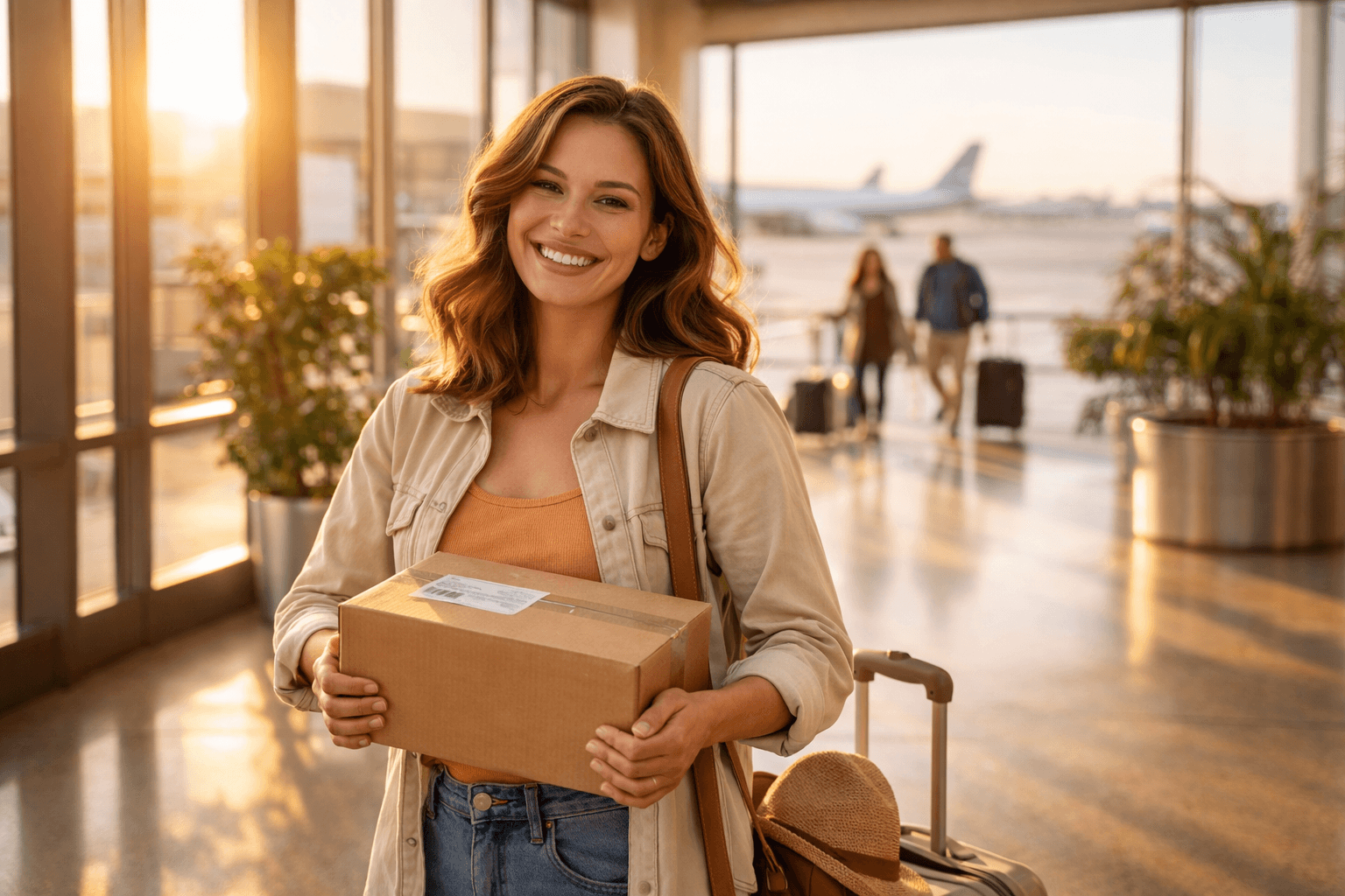 A smiling woman holding a cardboard package at an airport during golden hour